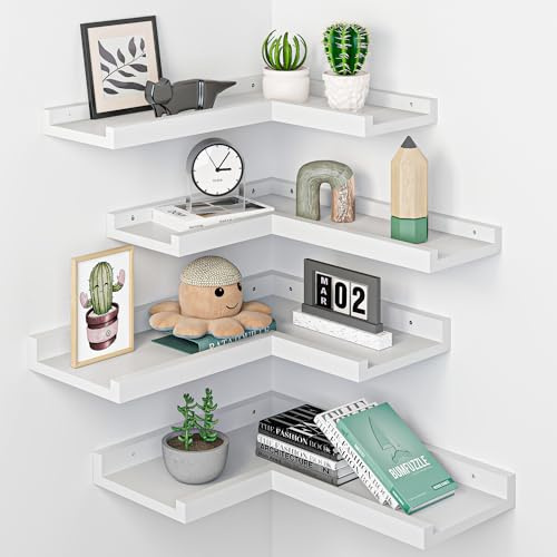 MVPSONAG Moderne weiße Eck-Wandregale mit 4 Ebenen, Holz-Eckregale mit Lippe, L-förmiges Eckregal für Wohnzimmer, Schlafzimmer, Badezimmer
