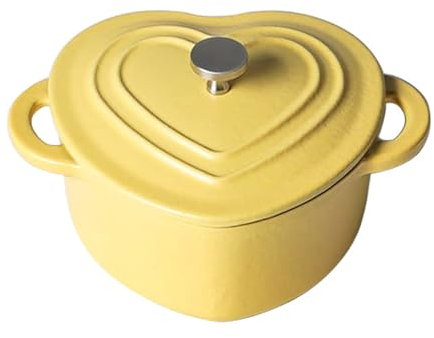 ASIAD Cast Iron Pot Heart -Shaped, Stick Saucepan Soup Pot Small Oven with Lid 500Ml Oven Mini Enamel Two Handles Dutch Oven Casserole,Yellow