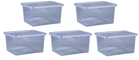 Pack of 5 x 37L Plastic Storage Crystal Boxes with Lids Tint Smoke Grey Home Office Stackable Nestable Medium Size Strong Made in the UK (Colour – Tint Grey)
