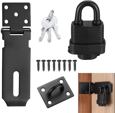Stainless Steel Door Latch Hasp & Padlock with Screws, 4 Inch Heavy Duty Padlock Hasp and Latch Staple, Waterproof Door Clasp Shed Lock Latch Staple