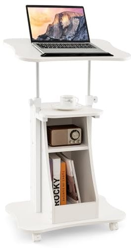 COSTWAY Mobile Laptop Table, Height Adjustable Sit Stand Desk Podium Stand Presentation Cart with Wheels, Shelves and Storage Cabinet, Home Office PC Computer Workstation (White, 55 x 40 x 71-120cm)