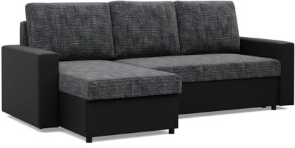 Mebligo - Luna Ecksofa, Schlafsofa mit Liegefunktion 140x231 nach Links oder rechts - 2 Container - Bonellfedern - dunkelgrau und schwarz.