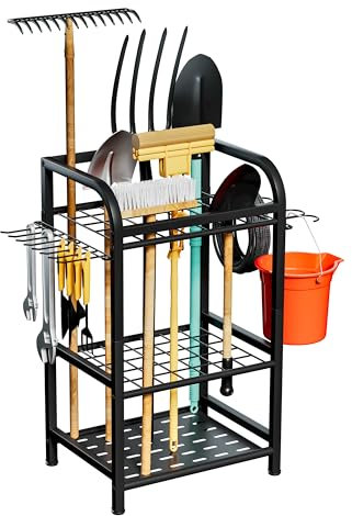 Garden Tool Organizer, Heavy Duty Yard Tool Organizer for Garage Organization Shed Outdoor, Garden Tool Storage Holds Up to 47 Long-Handled Tools, Shovels, Rakes, Brooms, Black Metal Storage Rack
