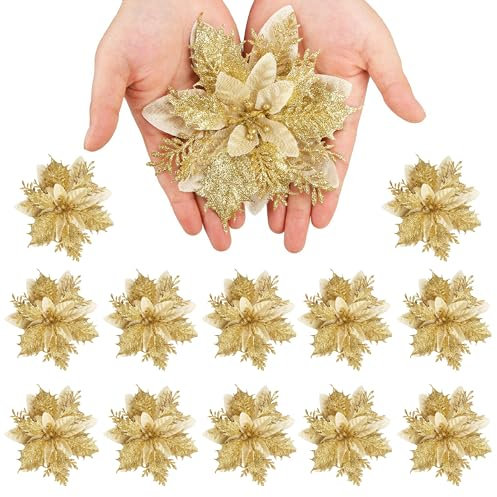 Esshogo 12 pezzi glitter fiori di Natale artificiali, decorazione con clip e steli, decorazione per albero di Natale per ghirlande, ornamenti per Capodanno, oro
