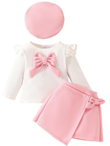 LUVCES Abbigliamento Bambina Vestiti Set Manica Lunga Volant Top con Papillon in Maglia+ Elegante Minigonne +Berretto 3 Pezzi Autunno Gonna Vestiti Outfit Rosa 9-12 Mesi