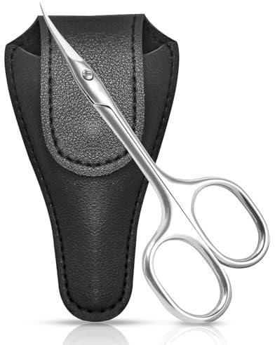CGBE Cuticle Scissors with Extra Fine Curved, Ergonomic Asymmetric Handle Manicure Scissors, Nail Scissors with Leather Sheath, Stainless Steel Eyebrow Scissors for Blades, Eyebrow, and Dry Skin