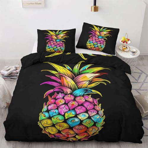 Generisch Ananas Deko - Ananas Bettwäsche 200x220 Winter, Tropische Früchte Bettbezug 3teilig mit 2 Kissenbezug 80x80, Weiche Mikrofaser Winterbettwäsche mit Reißverschluss X*&186