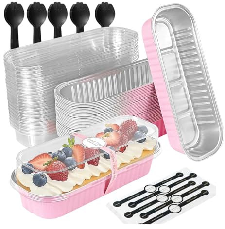 MEETOZ 30Set Mini Loaf Cake Cases 200ML, Mini Cake Pans with Lids and Spoons, Reusable Aluminum Baking Accessories Cups for Bread Cakes, Weddings, Picnics, and Pairing (Pink)