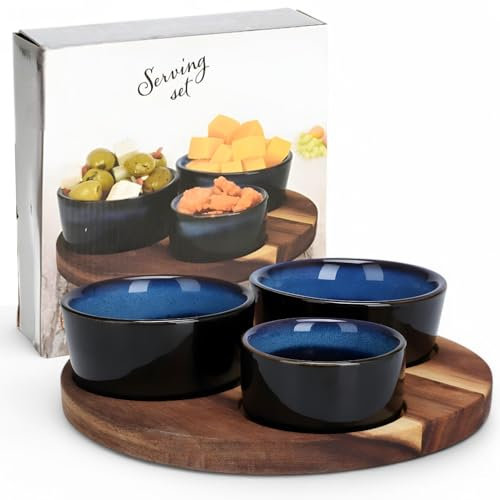 MIJOMA Servierset – 4-teiliges Schalen-Set mit Holzbrett – Keramik-Dip-Schalen auf Akazienholz-Tablett – für Snacks, Dips & Tapas (blau, rund (Ø 20 cm))