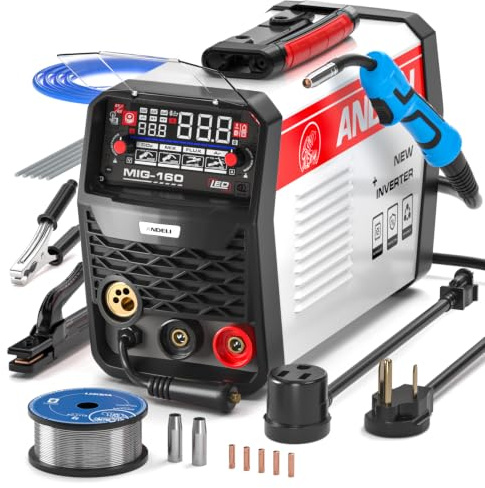 ANDELI Soldador MIG, 160 Apm, 110 V/220 V, doble voltaje, MIG/FLUX MIG/Lift Tig/Stick 4 en 1, soldador MIG multiproceso, máquina de soldadura MIG sin gas MIG-160 AIR