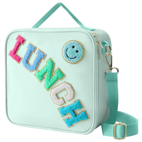 EHOTER Insulated Lunch Bag with Adjustable Shoulder Strap, Nylon Preppy Lunch Box Large Insulated Lunch Bag Reusable Lunch Tote Bag with Smiley Preppy LunchBag for Girls School Travel Picnic (Green)