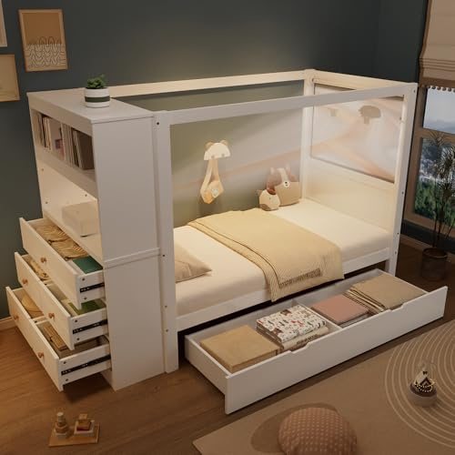 Dolamaní Himmelbett Kinderbett 90x200 cm mit Fallschutz, Kiefer Holzbett Kinder, Bett mit Stauraum, Lagerschrank, Schublade mit Rädern (Weiß+Natur)