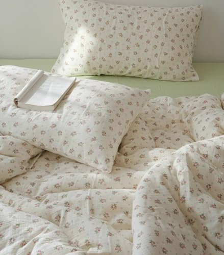 AShanlan Doppelte Musselin Bettwäsche 200x220 cm Baumwolle Rosa Blumenmuster Bettwäsche-Sets ÖKO-TEX Zertifizierte 1 Bettbezug und 2 Kissenbezüge 80x80 cm mit Reißverschluss
