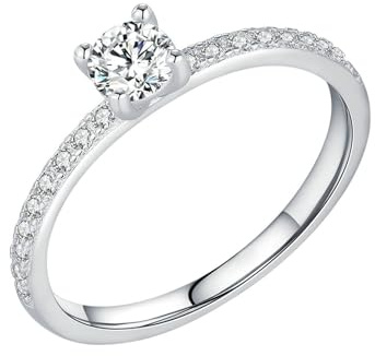 Gualiy Verlobungsring Damen Weißgold, 9 Karat Ringe Silber Hochzeit Rund Form Moissanit 4x4mm Ringe Größe 52