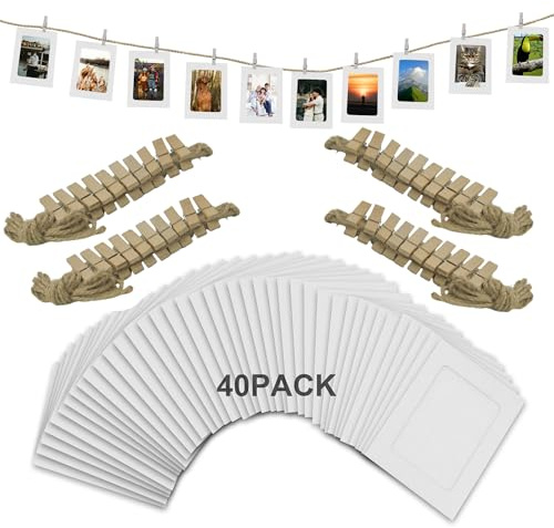 SZWLJ 40 Stück Weiße Papp-Fotorahmen mit Aufhängeschnur & Holzpflöcken | Für Ihren Fotobanner, Ihre Fotowand, Fotogirlande und Event-Dekorationen