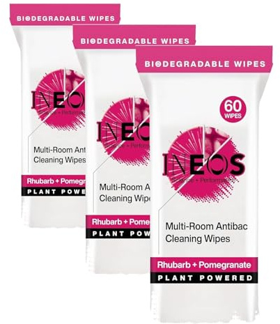 INEOS Next-Gen Antibac Multi-Room Disinfectant Biodegradable 60 Wipes, Rhubarb + Pomegranate, Kills 99.9% of Bacteria + Viruses, Plant Powered, Packaging May Vary (Pack of 3)