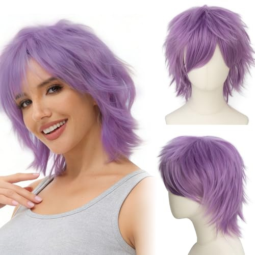 Luxiremi Peluca de anime para cosplay de pelo corto, mandarinas, color lila claro, para hombre y mujer, disfraz de Halloween y pelucas de carnaval