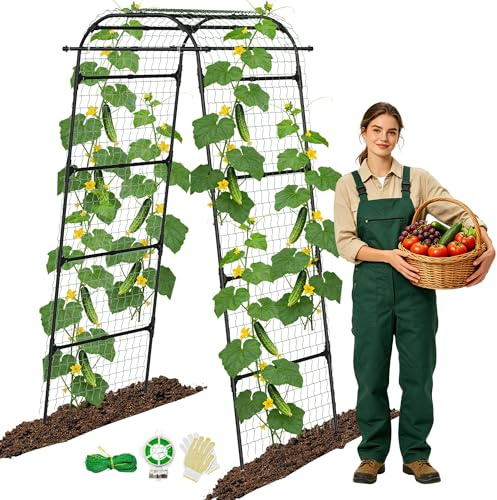 Rankgitter Garten 210cm U Form Rankhilfe Hochbeet Verstellbar Metall Rostfrei Rankbogen für Gurken Tomaten Bohnen Kletterpflanzen Stabiler Pflanzenstütze mit Ranknetz (80CM)