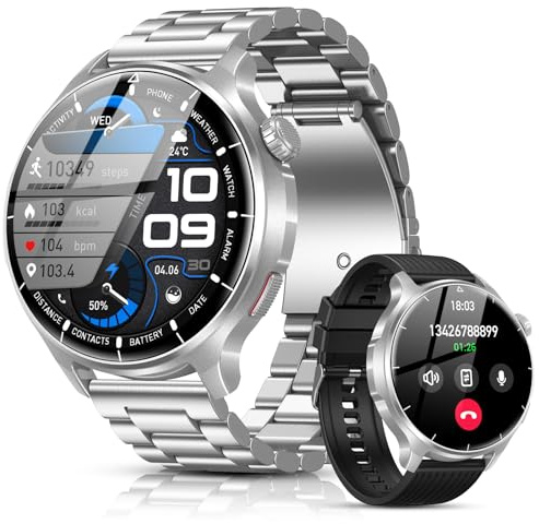 SLOKSFil Smartwatch Herren 1000 mAh Akku/1,52 HD Touchscreen, mit Bluetooth Anrufe/110+ Sportmodi/24H Herzfrequenz/IP68 Wasserdicht/Schlafmonitor, Schrittzähler Fitnessuhr Android iOS (Silber)