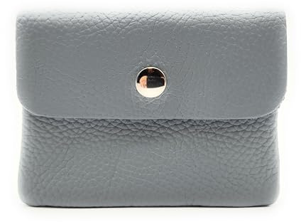 Mini Geldbörse Leder Made in Italy | Echtes Rindleder | Kompakt 11x8,5cm | 50g leicht | 3 Fächer | Druckknopf | Damen Herren | Münzfach Scheinfach | Portemonnaie (Hellgrau)