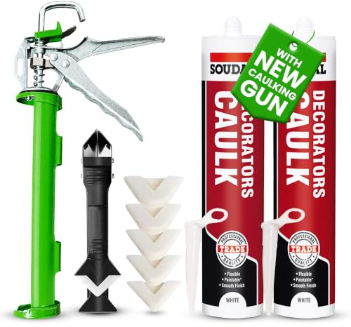 White Decorators Caulk Kit | 2 Paintable Caulk Tubes (290ml x 2) + Drip Control Caulking Gun | Finishing Tool & Scraper | Interior Gap Filler | Skirting Boards & Window Frames