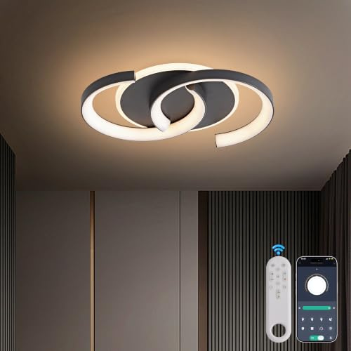 LED Deckenleuchte Dimmbar schwarz kleine Einteilige „S“ 2-Ringe, 30cm 22W | Mit Fernbedienung/Mobile APP, Farbtemperatur 3000-6000K, Helligkeit 3-22 W, 3W Nachtlicht, Memory-Funktion, Timer-Funktion