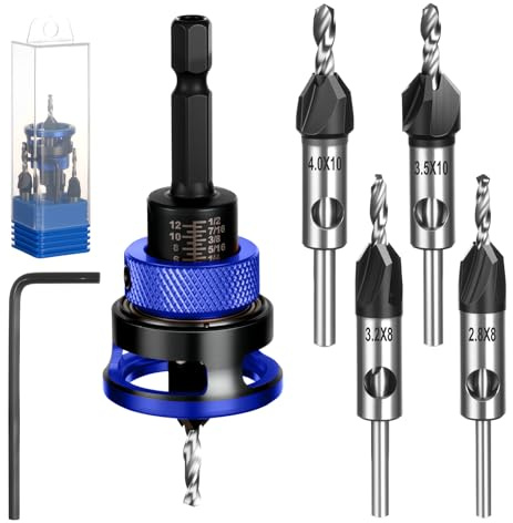NUTKIT Juego de 6 Broca Avellanadora para Madera con Tope de Profundidad | Diámetro 2.8/3.2/3.5/4 mm,con Llave Hexagonal y Vástago de Broca de 1/4 de Pulgada,para Carpintería y Bricolaje(Azul)