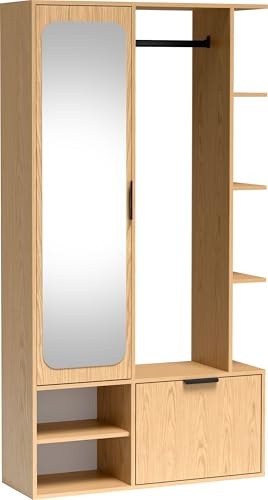 WFL GROUP Garderobe mit Spiegel, Kleiderstange und Ablagen – Flurgarderobe 100 cm für Flur und Eingangsbereich – Universell Montierbar, Links/Rechts – Eiche Hellbraun