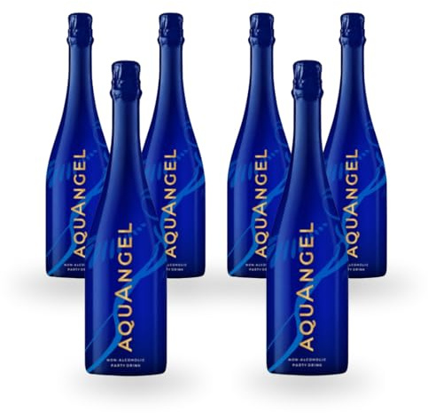 B4E AquAngel Sparkling Celebration Drink 750ml, Non Alcoholic Prosecco Style Party Drink, Fruity Flavour, Low Sugar, 12% Fruit Content, Assorted Colourful Designs,Pack of 6 Bottles (Blue)