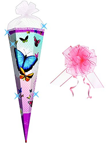 3-D Glitzer Effekt ! - Schultüte - Schmetterlinge & Punkte - 85 cm - 6 eckig - incl. Schleife - Glimmer/Rüschen & Organza Abschluß - Zuckertüte Roth -..