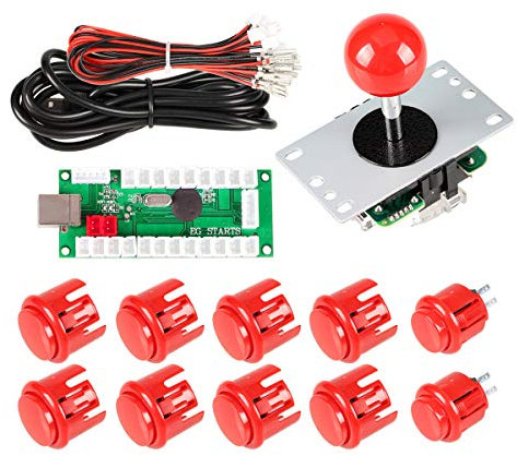EG STARTS Zero Delay Arcade DIY Handle Kit Parts USB Encoder para PC Juegos 5 Pines Joystick + 24mm 30mm Botones para Arcade Cabinet Mame & Raspberry pi 2 3B Model Project (Red)