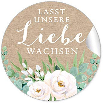 72 STICKER Hochzeit LASST UNSERE LIEBE WACHSEN • BOHO KRAFTPAPIER OPTIK BLÜTEN ROSEN GRÜN ZWEIGE WEIß BRAUN NATUR • Samentüten Blumentöpfe Reagenzglas Gastgeschenk Deko Selbstgemachtes • 4cm rund matt
