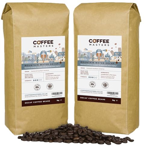 Coffee Masters Mountain Water Decaf Coffee Beans 2 x 1kg – 100% Arabica, Roasted Whole Bean, Ideal for Espresso Machines - Decaffeinated, Bold, and Strong Flavour