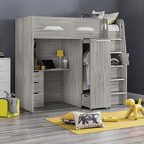 happybeds Pegasus Grey Oak Wooden High Sleeper Bed, 3ft Single | 3ft Single, Wooden High Sleeper Bed, Orthopaedic Mattress Included, Grey Oak, Cupboard, Storage Shelves, 4 Drawers, Wardrobe