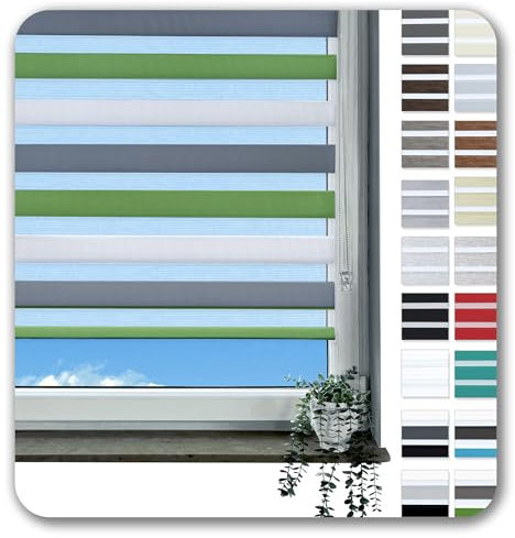 Rollmayer Doppelrollo Klemmfix ohne Bohren Klemmrollo Fensterrollo Duo Rollo Sonnenschutzrollo Zebrarollo Seitenzugrollo für Fenster und Tür (Weiß Grau Grün - 85 x 220 cm - BxH)