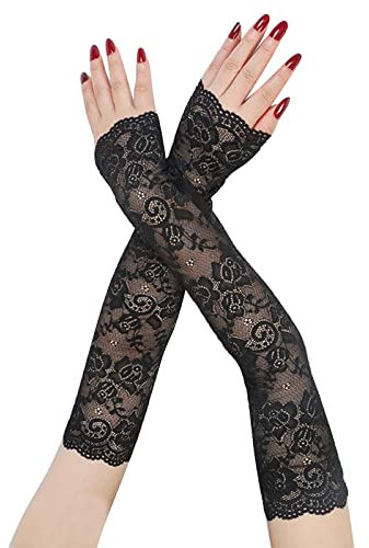Lace Gloves for Women, Floral Ladies Long Fingerless Gloves UV Protection Lace Arm Sleeves Summer Driving Gloves for Halloween Wedding Prom Opera Tea Party