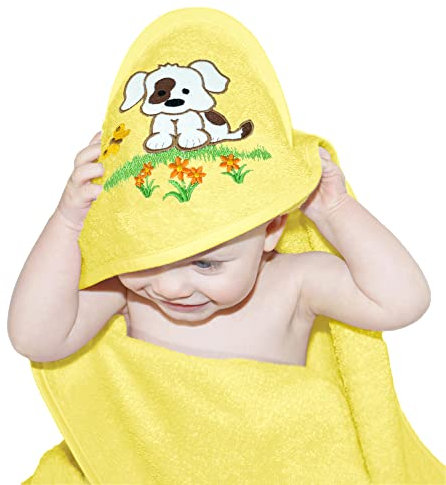 Lashuma Mädchen und Jungen Handtuch Motiv: Hund, Besticktes Babyhandtuch mit Kapuze gelb, Größe: 75x75 cm