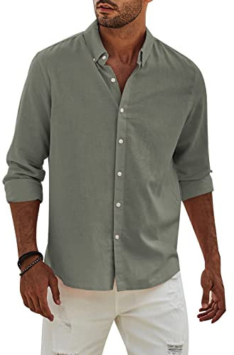 APOONABA Chemise Lin Homme Manches Longues Chemise Décontractée Coton Chemises Hommes Couleur Unie Business Casual Bouton Shirts Regular Fit Le Printemps été l'automne Vert XL