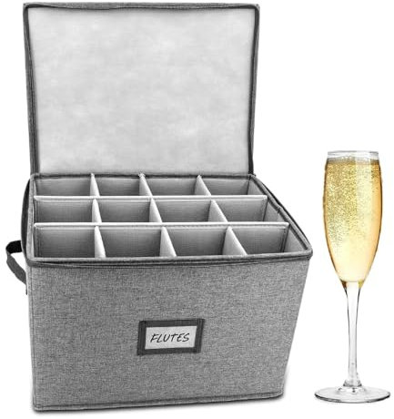HOMELUX THEORY Champagne Flute Storage Box with Dividers, Hard Shell China Storage Containers, Heavy Duty Glassware Storage Box & Stemware Storage Container with Lid, Thick Surface, and Sturdy Handle