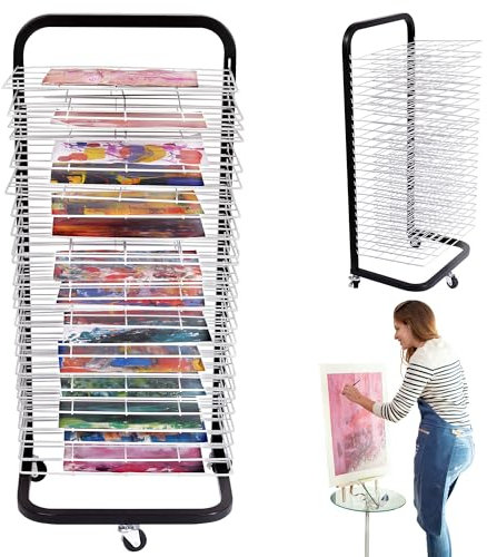 ODOXIA Estante De Secado De Arte para El Aula | Mantiene Las Obras De Arte Limpias | Estante De Secado De Pintura | con Ruedas | Bandejas Extraíbles Apilables para Pinturas, Dibujos Y Más