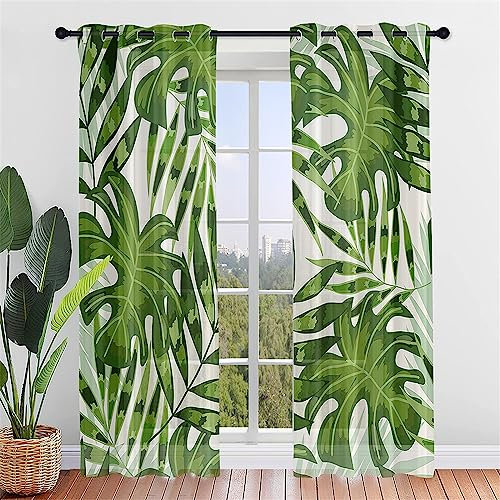 Hiseng Voile Vorhänge mit Ösen Durchsichtig Halbtransparent Ösenvorhang für Fenster Wohnzimmer Schlafzimmer Pflanzen Blätter Moderne Transparent Gardine 2er Set (107x160cm,Graffiti Malerei)