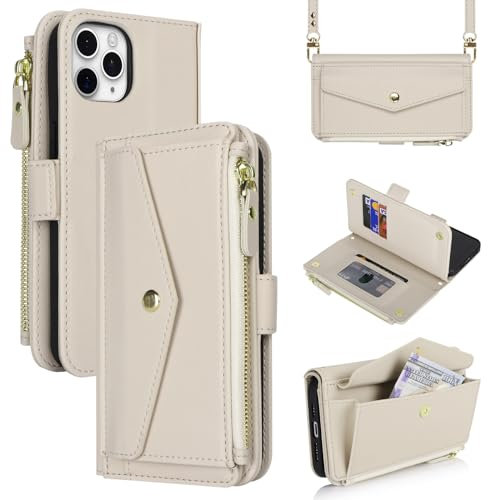 Cavor Coque Compatible avec iPhone 11 Etui avec Cordon,Flip Portefeuille Étui Cuir,[9 Porte Cartes][Poche zippée],Collier Coque Housse Etui Compatible avec iPhone 11 - Blanc