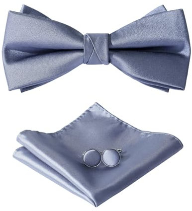 HOULIFE Fliege Herren Set - Verstellbare Fliege aus Satin Polyester Vorgebunden Fliege, einfarbige Einstecktuch, Manschettenknöpfe Set für Bräutigam Hochzeit formal mit Geschenkbox, Dunkelgrau