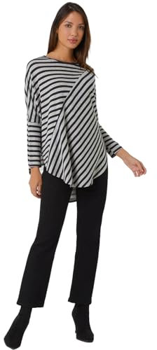 Roman Originals Contrast Stripe Stretch Jersey Top for Women UK - Ladies Everyday Autumn Winter Round Neckline Comfy Soft Evening Vacation Work Party Night Out - Black Grey - Size 12