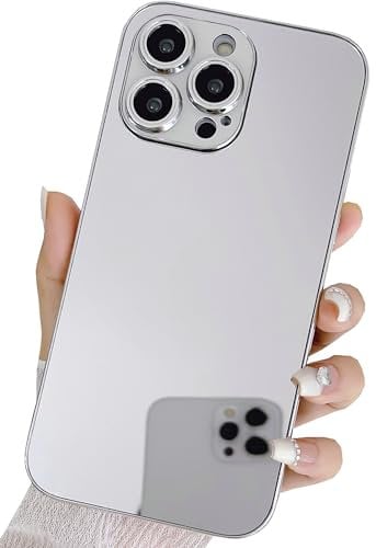 JANDM for iPhone 15 Pro Glossy Hard Mirror Silver Plating Cute Women Girls Makeup Mirror Case with Shockproof Camera Protection