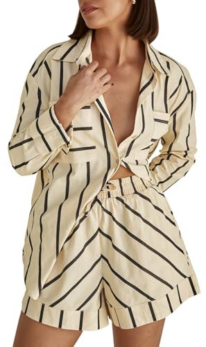 Tankaneo Gestreifte 2-teilige Damen-Outfits, Hemden und Shorts, Lounge-Set, passende Sets, Beige, X-Large
