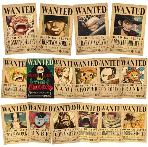 16 Piezas Pirate Poster Wanted 28.5 x 19 cm,Anime Sombrero Paja Piratas Poster Arte de Pared,Decoración Hogar,Decoración Dormitorio, Collage de Pared,Adecuado para Fans Anime Regalos Niños Niñas