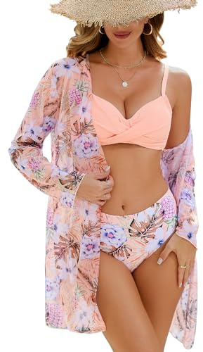 UMIPUBO Womens Swimsuit 3 Piece Bikini Sets Padded Swimwear with Beach Cover Ups Sexy Push Up Bikini Top Swim Bottoms Print Bathing Suits Swimming Costume Beachwear Sarong (Pink, S)