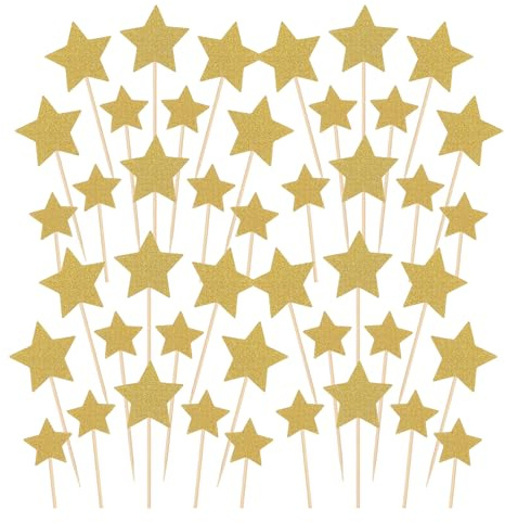 JEKUGOT 100 Pcs Gold Glitter Stars Cake Toppers Set, Glitter Gold Cake Decorations for Wedding Decorations, Engagement, Bridal Shower, Birthday Party Supplies