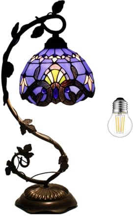 Meimond Tiffany-Style 8 Inch Table Lamp Stained Glass Baroque Lampshades Small Bedside Lamp Reading Antique Desk Light Livingroom Bedroom Office Vintage Art Deco Victorian